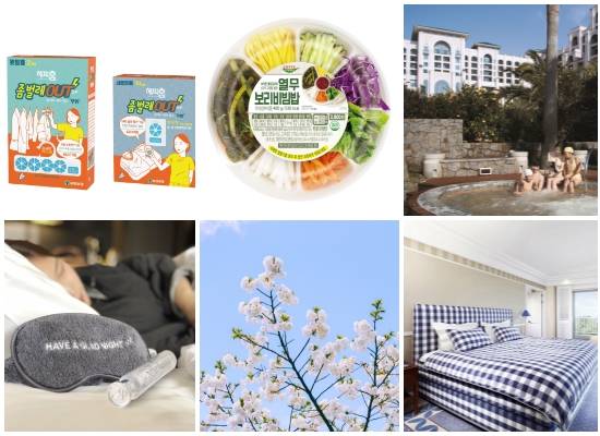 (왼쪽부터 시계방향) 유한양행 좀벌레아웃, 세븐일레븐 열무보리비빔밥, 롯데호텔 키즈 캠프 패키지, 신라호텔 해스텐스 패키지, 신라스테이 스프링 블라썸 패키지, 글래드호텔 꿀잠 패키지. ⓒ 각 사