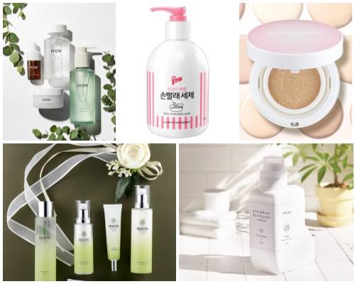 (왼쪽부터 시계방향) 애경산업 FFLOW·울샴푸 손빨래 세제, 네이처리퍼블릭 네이처 오리진 아우라 타이트업 쿠션 2종, 뉴스킨 코리아 이코스피어 세탁세제, 루츠베이스 봄맞이 특별 기획세트. ⓒ 각 사