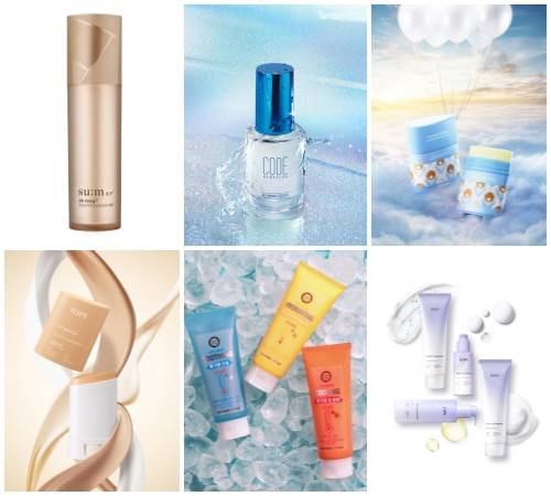 (왼쪽부터 시계방향) LG생활건강 숨37° 에어라이징TF·코드글로컬러 M.하이드로 프라이머, 이자녹스 파우더리 코튼 선스틱, 아이오페 모이스트 클렌징 휘핑 폼, 해피바스 쿨 다운 젤 라인, 아이오페 UV쉴드 선 스틱 파운데이션. ⓒ 각 사