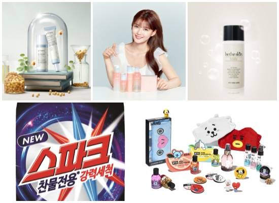 (왼쪽부터 시계방향) 프리메라 리페어빈 시카 라인, 라네즈 프레시 카밍 라인 리뉴얼 출시, 비더스킨 오투 버블 클렌저, 올리브영 라인프렌즈 'BT21' 협업 제품 33종, 애경산업 뉴 스파크. ⓒ 각 사