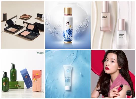 (왼쪽부터 시계방향) LG생활건강 엑스퍼트 컬러 컨투어링 북 미니·후 비첩 순환 에센스 스페셜 에디션, 더페이스샵 '제로핏 프라이머' 2종, 헤라 센슈얼 틴트, 에뛰드하우스 순정 수분 진정 올인원 젤, 이니스프리 리미티드 에디션. ⓒ 각 사