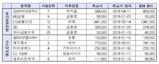 시가총액 상위 기업 중 사상 최고가 경신 종목 ⓒ 한국거래소