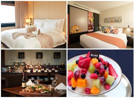 (왼쪽부터 시계방향) 신라호텔 르베이지와 특별한 콜라보레이션, 신라스테이 '웰컴 투 코리요 월드' 패키지, 글래드호텔 글래드 후르츠 빙수, 오크우드호텔 어반 서머BBQ 오크바인. ⓒ 각 사