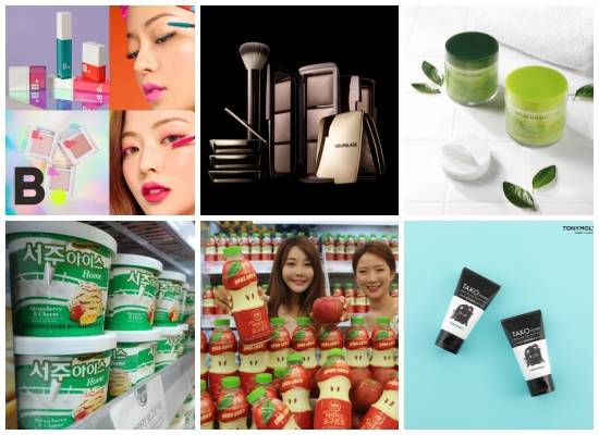 (왼쪽부터 시계방향) 비바이바닐라 시즌 한정 썸머 컬렉션, 신세계인터내셔날 아워글래스 국내 판권 확보, 네이처리퍼블릭 '제주 탄산 패드' 2종, 토니모리 타코포어 피지쏙쏙 필 오프 팩, 롯데마트 온리프라이스 데일리 비피더스 요구르트·서주아이스크림 출시. ⓒ 각 사