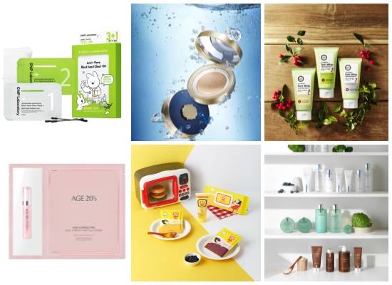 (왼쪽부터 시계방향) CNP 차앤박화장품 안티-포어 블랙헤드 클리어 키트, 더페이스샵 워터프루프 쿠션 리뉴얼 버전 출시, 해피바스 '솝베리 클렌징 라인' 6종, 이니스프리 슈퍼푸드 프롬 제주 라인 리뉴얼 출시, 에뛰드하우스 '3분 케어 마스크' 라인, 에이지투웨니스 듀얼 시너지 앰플&마스크. ⓒ 각 사
