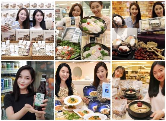 (왼쪽부터 시계방향) 롯데마트 온리프라이스 간편 한 잔 미숫가루, 이마트 탕·구이용 민어 판매, 신세계백화점 프리미엄 삼계탕, 현대백화점 '원테이블' 신제품 2종 출시, 홈플러스 '구르메 이탈리아 파스타' 4종, 세븐일레븐 행복충전酒. ⓒ 각 사