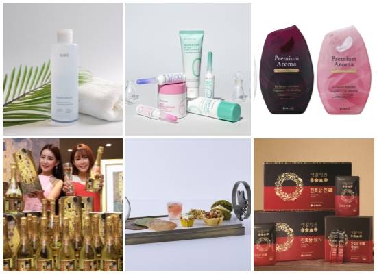 (왼쪽부터 시계방향) 아이오페 더마 리페어 약산성 클렌징 워터, 제이준코스메틱 더마 브랜드 닥터제이준 론칭, 애경에스티 '홈즈 에어후레쉬 프리미엄 아로마' 4종, LG생활건강 '진효삼' 라인 리뉴얼 출시, 오설록 1979 애프터눈 티 세트, 롯데백화점 '클림트 키스 뀌베브뤼' 와인. ⓒ 각 사