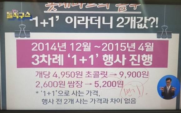 롯데마트의 1+1 행사 광고의 거짓을 고발하는 TV 내용이에요. ⓒ 채널A '김진의 돌직구쇼' 화면 캡쳐