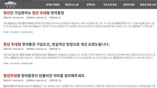 청년 우대형 청약통장의 터무니없는 가입조건에 실망 섞인 목소리들이 쏟아지고 있다. ⓒ 청와대 국민청원 게시판 캡쳐
