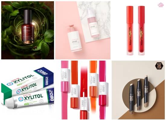 (왼쪽부터 시계방향) 프리메라 와일드 씨드 퍼밍 세럼, 이니스프리 '트루케어 아줄렌 카밍 미스트&젤' 2종, 에뛰드하우스 매트 시크 립라커·플레이 101 스틱 컨투어 듀오, 리리코스 립 블랜딩 틴트, 애경산업 2080 애플민트향치약. ⓒ 각 사