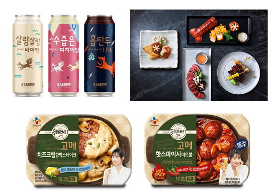 (왼쪽부터 시계방향)카브루 캔맥주 3종, 아워홈 '키사라' 로바다야끼, CJ제일제당 '고메 상온 간편식' 2종 ⓒ 각 사