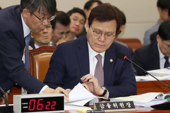 최종구 금융위원장이 11일 서울 여의도 국회에서 열린 정무위원회 국정감사에 출석해 자료를 살피고 있다. ⓒ 뉴스1