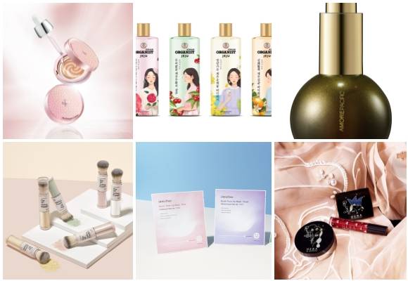 (왼쪽부터 시계방향) CNP 차앤박화장품 비타-B 앰플 인 쿠션, 오가니스트 '자연을 생각한 헤어·바디케어' 출시, 아모레퍼시픽 그린티 씨드 트리트먼트 오일, 헤라 블라인드니스 협업 2018 홀리데이 컬렉션, 이니스프리 퀵 톤업 마스크, 에뛰드하우스 플레이 101 셋팅 파우더. ⓒ 각 사