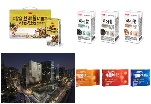 (왼쪽부터 시계방향) 한미헬스케어 완전전두유 국산콩, 일동제약 캐롤비 시리즈, 롯데시티호텔구로·대전 힐링 이색 패키지. ⓒ 각 사