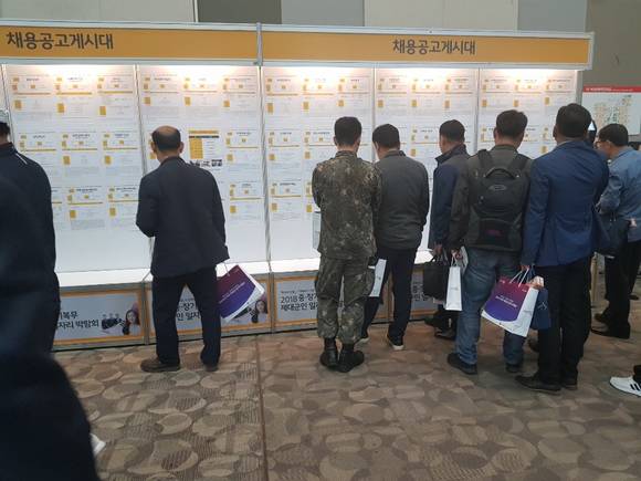 기업 채용공고를 면멸히 확인 중인 제대군인들. ⓒ 프라임경제