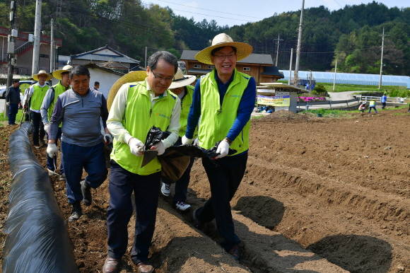 이대훈 NH농협은행장(오른쪽)과 직원들이 지난 4월27일 경기도 양평군 신당마을에서 농촌일손돕기를 실시하고 있다. ⓒ NH농협은행