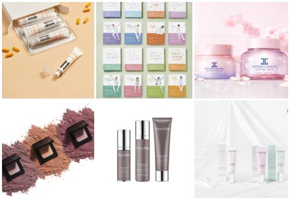 (왼쪽부터 시계방향) 애경산업 아이솔브 눈가 관리 뷰티 아이템 7종, 네이처리퍼블릭 더 착한 마음 마스크 시트 EXO 에디션, 제이준코스메틱 인텐시브 샤이닝 워터리 크림·인텐시브 샤이닝 슬리핑 팩, 클라뷰 화이트 펄세이션 아이디얼 액트리스 백스테이지 크림 2종 추가 출시, 라페르바 다이아몬드 코쿤 컬렉션, 비디비치 싱글 아이섀도우. ⓒ 각 사
