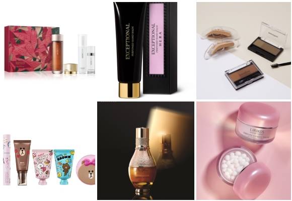 (왼쪽부터 시계방향 아모레퍼시픽 보태니컬 그리팅 홀리데이 컬렉션, 헤라 '익셉셔널 오 드 퍼퓸' 프로모션, 이니스프리 이지 스탬핑 브로우, 리리코스 더 스파 앳 그랜드 머큐어 스페셜 페이셜 프로그램, LG생활건강 오휘 더 퍼스트 제너츄어 D.E.A.R 에디션, 에이블씨엔씨 미샤 라인프렌즈 에디션. ⓒ 각 사