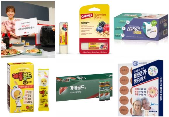 (왼쪽부터 시계방향) K쇼핑 쿡스쿡스 론칭, 광동제약 '컴포트 케어 립밤' 2종, JW중외제약 체오미 플러스, JW신약 빠르카 증패치, 일동제약 가네골드 액·캐롤 콜드 키즈 시럽. ⓒ 각 사