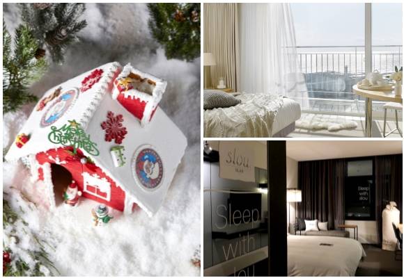 (왼쪽부터 시계방향) 워커힐 산타의 캐빈 케이크, 해비치 '해비치 윈터 플레이버' 패키지, 글래드호텔 '슬립 위드 슬로우' 패키지. ⓒ 각 사