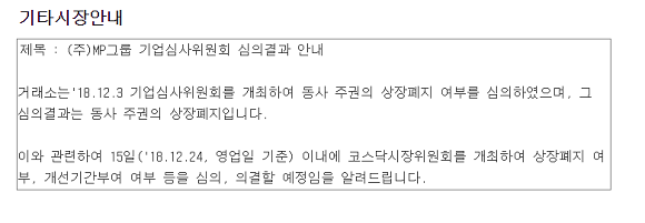 MP그룹에 대한 기업심사위원회 심의결과 공시. ⓒ 금융감독원