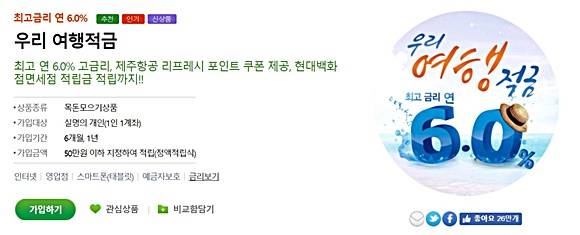 최고 6.0%의 파격적 금리를 제공하는 '우리여행적금' ⓒ 우리은행
