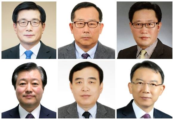 (왼쪽부터 시계방향) 이영호 롯데그룹 식품 BU장 내정 사장, 박찬복 롯데글로벌로지스 대표이사 내정 부사장, 정부옥 롯데지주 HR혁신실장 부사장, 오성엽 롯데지주 커뮤니케이션실장, 이자형 롯데첨단소재 대표이사 사장, 이영구 롯데칠성음료BG 대표이사 부사장. ⓒ롯데지주