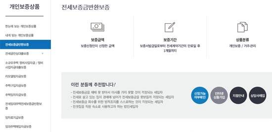 전세보증금을 보호받을 수 있는 전세보증보험은 한국주택보증공사와 서울보증보험을 통해 가입할 수 있다. 사진은 한국주택보증공사 홈페이지의 전세보증금반환보증 화면. ⓒ 한국주택보증공사 홈페이지