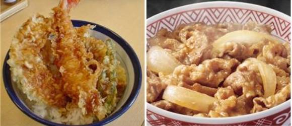 왼쪽부터 텐동(天丼), 규동(牛丼). ⓒ 각각 위키피디아제팬·요시노야(吉野家)사이트