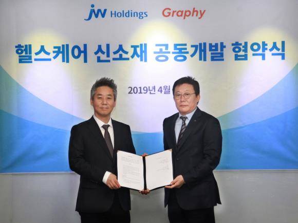 한성권 JW홀딩스 대표(오른쪽)와 심운섭 그래피 대표가 '헬스케어 신소재' 공동개발 계약을 체결하고 기념촬영을 하고 있다. ⓒ JW홀딩스