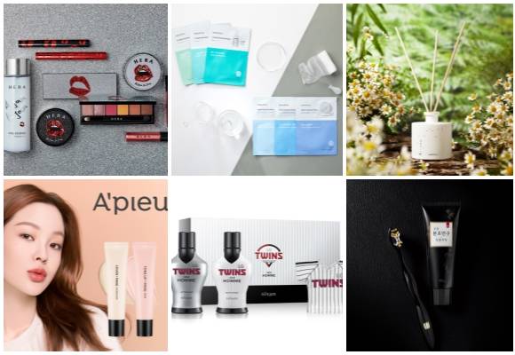 (왼쪽부터 시계방향) 헤라X오주르르주르 콜라보레이션 컬렉션, 이니스프리 솔루션 마스크 6종, 한율 자연을 닮은 디퓨저 흰감국, 아모레퍼시픽 동의본초연구 잇몸칫솔, 이자녹스 X2D2 옴므 LG트윈스 에디션, 어퓨 커버팡 파운데이션. ⓒ 각 사