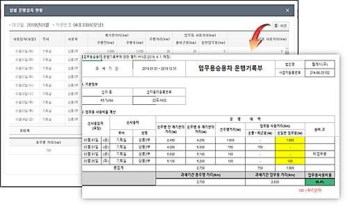 '업무차량 비용 관리서비스' 운행일지 현황 및 운행기록부 엑셀 저장 화면 ⓒ 비즈플레이