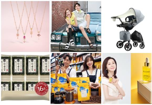 (왼쪽부터 시계방향) 클루·웨딩피치 콜라보레이션, ABC마트 호킨스 쿨앤라이트 캠페인, 스토케 익스플로리6 발란스 리미티드 에디션, CJ오쇼핑 블리쉐 타임코어 캡슐 앰플 패키지, 이마트 피코크 콜롬비아 안티오키아 수프리모, 이마트24 민생시리즈 상품 3종. ⓒ 각 사