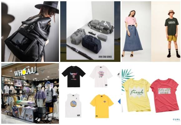 (왼쪽부터 시계방향) 메종 마르지엘라 NDN 백, 제이린드버그 스태드 컬렉션, 지유 그래픽 티셔츠, 컬리수 아이스티, NBA키즈 패밀리 티셔츠, 후아유 스티브 라인. ⓒ 각 사