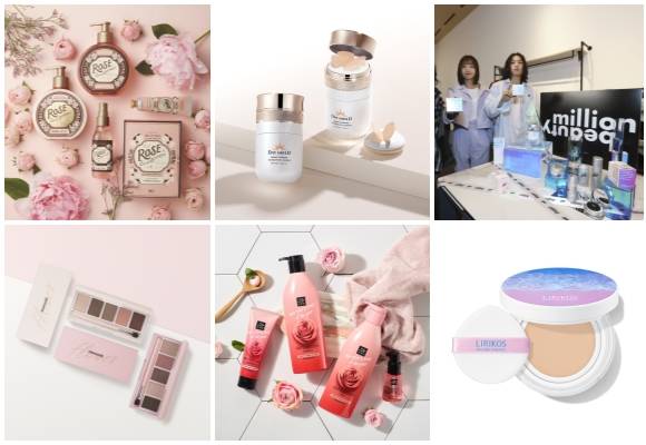 (왼쪽부터 시계방향) 비욘드 로즈 실크-부케 라인, 오휘 데이쉴드 스마트 펌핑 파운데이션 쿠션, LG생활건강 밀리언뷰티, 리리코스 커버팩트 쿨앤라이트, 미쟝센 데미지 케어 자몽로즈 에디션, 마몽드 플라워 팝 아이팔레트. ⓒ 각 사
