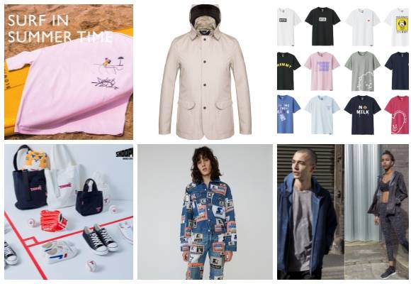 (왼쪽부터 시계방향) 코모도 이키 야수오 협업 여름 컬렉션, 에르노 남녀 방수 재킷, 유니클로 BT21 UT·피터 사빌 협업 기능성 웨어 컬렉션, 아크네-스타터 블랙 라벨 협업 컬렉션, 슈펜-인기 프로야구 구단 이색 콜라보레이션 상품 출시. ⓒ 각 사