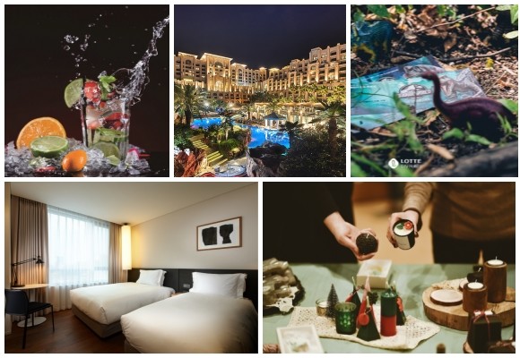 (왼쪽부터 시계방향) 롯데호텔서울 피에르 바 프리지 파티, 롯데호텔제주 이른 가을의 쉼, 롯데호텔시티 웰컴 투 쥬라기 월드 패키지, 제주신라호텔 서머 크리스마스 마켓, 신라스테이 서머 키캉스 패키지. ⓒ 각 사