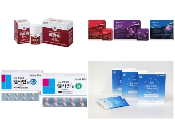 (왼쪽부터 시계방향) 유한양행 삐콤씨 파워정, JW중외제약 액티브라이프, GC녹십자웰빙 퓨어밀 웰빙 프로틴, 삼진제약 엘사반TM 정. ⓒ 각 사