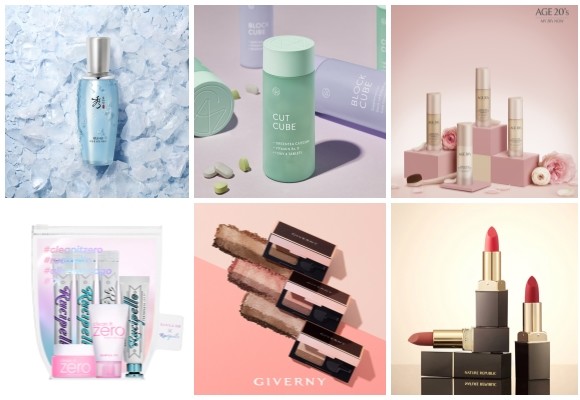 (왼쪽부터 시계방향) LG생활건강 수려한 효비담 수분샘 쿨링 에센스, 아모레퍼시픽 큐브미 커트큐브·블럭큐브, 에이지투웨니스 예리코 로즈 세럼 베이스 화장품 2종, 네이처리퍼블릭 키스 마이 에어리 매트 립스틱, 지베르니 밀착 원샷 섀도우, 바닐라코 클린 잇 제로 X 루치펠로 트래블 세트. ⓒ 각 사