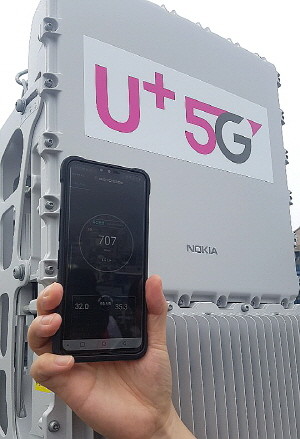 25일 울산 소재 일산해수욕장 한 카페 옥상에 설치된 5G 기지국 앞에서 속도측정 앱 벤치비로 LG유플러스의 5G 속도를 재보니 707Mbps로 측정됐다. = 황이화 기자
