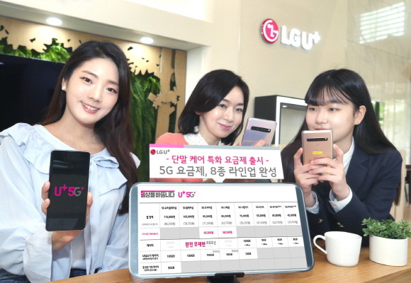 모델들이 단말케어에 특화된 LG유플러스의 신규 5G 요금제 '5G 플래티넘'을 소개하고 있다. ⓒ LG유플러스