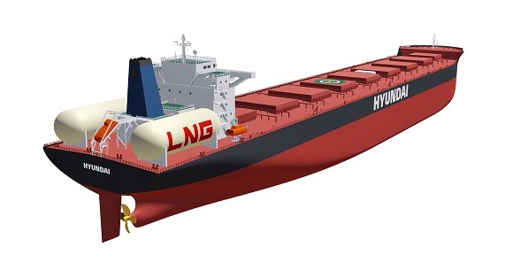 원통 모양 LNG탱크(Type-C)가 탑재된 LNG추진선박 조감도. ⓒ 현대중공업