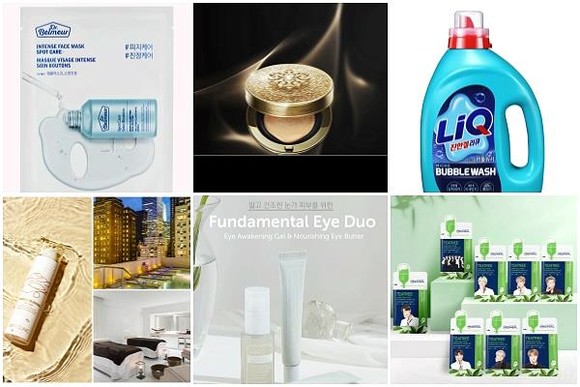 (왼쪽부터 시계방향) 닥터벨머 앰플마스크–스팟진정, 후 천율단 화율 시그니처 쿠션, 애경산업 리큐 진한겔 마이크로 버블워시, 메디힐 티트리 케어솔루션 에센셜 마스크 이엑스 BTS 에디션, 클레어스 펀더멘탈 아이 어웨이크닝 젤, 맥스클리닉 미라클 블렌딩 오일폼. ⓒ 각 사