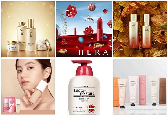 (왼쪽부터 시계방향) 설화수 에센셜 퍼펙팅 라인, 헤라 롤 더 다이스, 한율 채움 탄력 라인 2종, 이니스프리 제주 블렌딩 티 핸드크림 3종, LG생활건강 온더바디 벨먼 락토모이스처 데일리 바디로션, 네이처리퍼블릭 프로방스 에어 스킨 핏 원데이 래스팅 파운데이션 기획세트. ⓒ 각 사