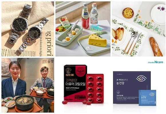 (왼쪽부터 시계방향) 오에스티 달빛정원 컬렉션, 모윰 흡착식판, 아성다이소 꽃 시리즈, 천호엔케어 액티브솔루션 눈건강, 고려은단 더퓨어 크릴오일, 현대그린푸드 미역국 정찬. ⓒ 각 사