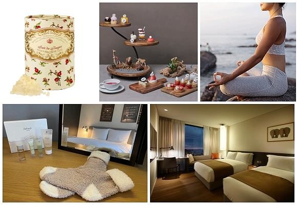 (왼쪽부터 시계방향) 산타 마리아 노벨라 호텔 제휴 프로모션, 롯데호텔 딸기 뷔페 프로모션, 롯데리조트속초 요가 온 더 씨, 신라스테이 겨울 충전 레시피 패키지, 글래드호텔 글래드 THE 나눔 패키지. ⓒ 각 사