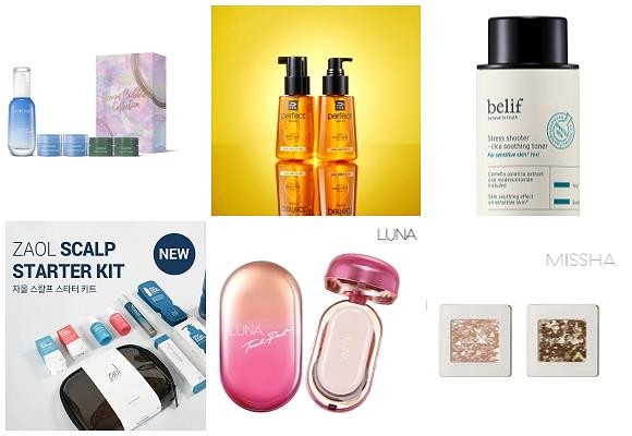 (왼쪽부터 시계방향) 라네즈 드림 버블, 미장센 퍼펙트 세럼 라인 업그레이드 출시, 빌리프 스트레스 슈터-시카 수딩 토너, 미샤 글리터 프리즘, 루나 마이크로 브이-인텐시브 터치 팩트, 자올 스칼프 스타터 키트. ⓒ 각 사