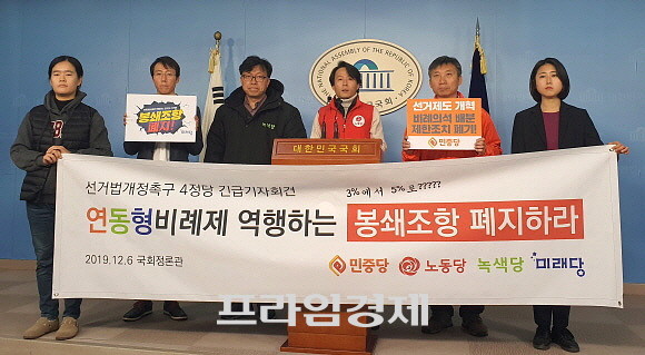 민중당·노동당·녹색당·미래당은 6일 기자회견장에서 봉쇄조항 상향 논의를 중단하고 봉쇄조항 폐지를 주장했다. = 박성현 기자