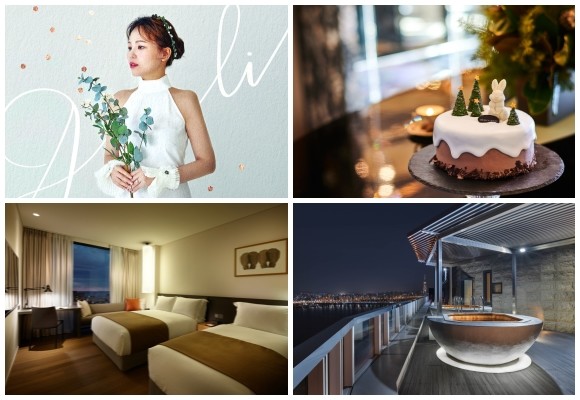 (왼쪽부터 시계방향) 롯데호텔서울 알리의 크리스마스 디너 콘서트, 롯데호텔 크리스마스 한정 케이크, 워커힐 윈터 패키지 4종, 신라스테이 윈터 키즈 펀 패키지. ⓒ 각 사