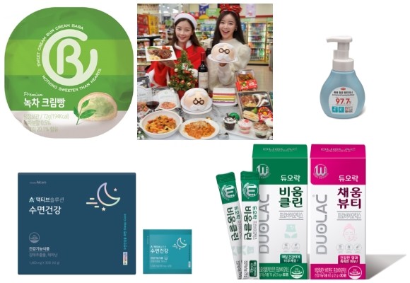 (왼쪽부터 시계방향) 이마트24 크림바바 치즈크림, 세븐일레븐 크리스마스 케이크, 한미약품 프레쉬 핸드워시, 쎌바이오텍 매스 마켓 겨냥 신제품 5종, 천호엔케어 액티브솔루션 수면건강. ⓒ 각 사